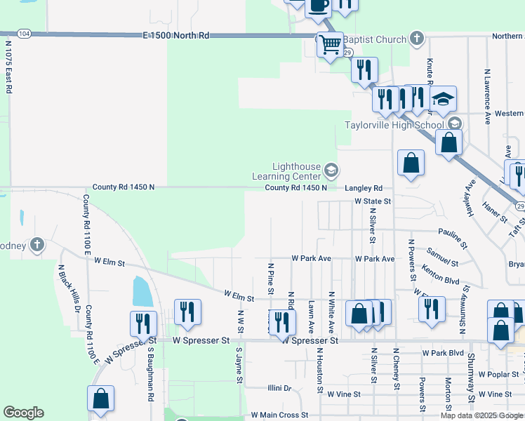 map of restaurants, bars, coffee shops, grocery stores, and more near 915 North Pine Street in Taylorville