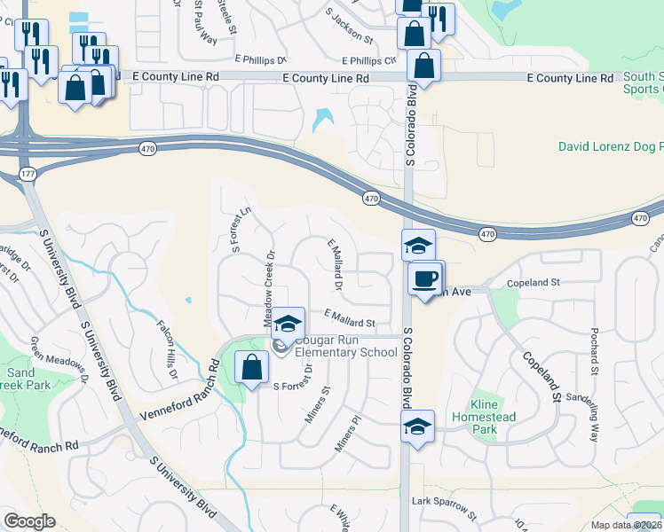 map of restaurants, bars, coffee shops, grocery stores, and more near 3649 Pointer Way in Littleton