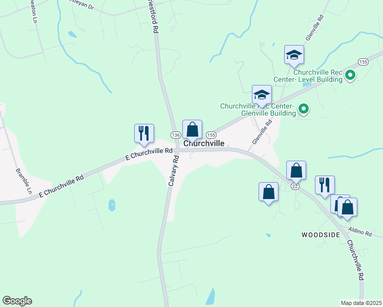 map of restaurants, bars, coffee shops, grocery stores, and more near 2931 Churchville Road in Churchville