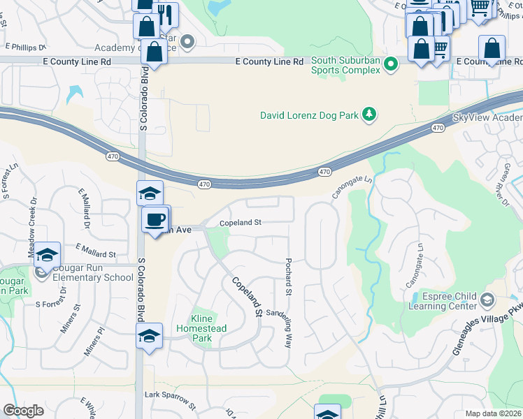 map of restaurants, bars, coffee shops, grocery stores, and more near 4605 Copeland Lane in Littleton