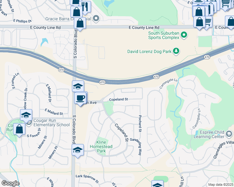 map of restaurants, bars, coffee shops, grocery stores, and more near 4465 Copeland Street in Littleton
