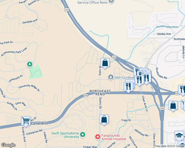 map of restaurants, bars, coffee shops, grocery stores, and more near 84 Cabernet Parkway in Reno