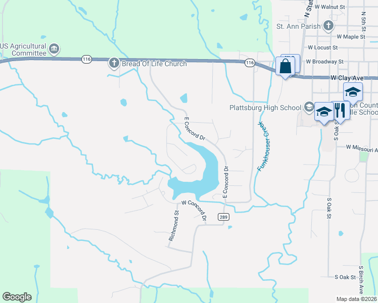 map of restaurants, bars, coffee shops, grocery stores, and more near 512 East Concord Drive in Plattsburg