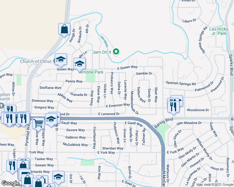 map of restaurants, bars, coffee shops, grocery stores, and more near 3225 Delna Drive in Sparks