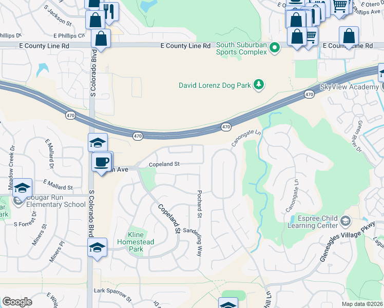 map of restaurants, bars, coffee shops, grocery stores, and more near 4605 Copeland Lane in Littleton