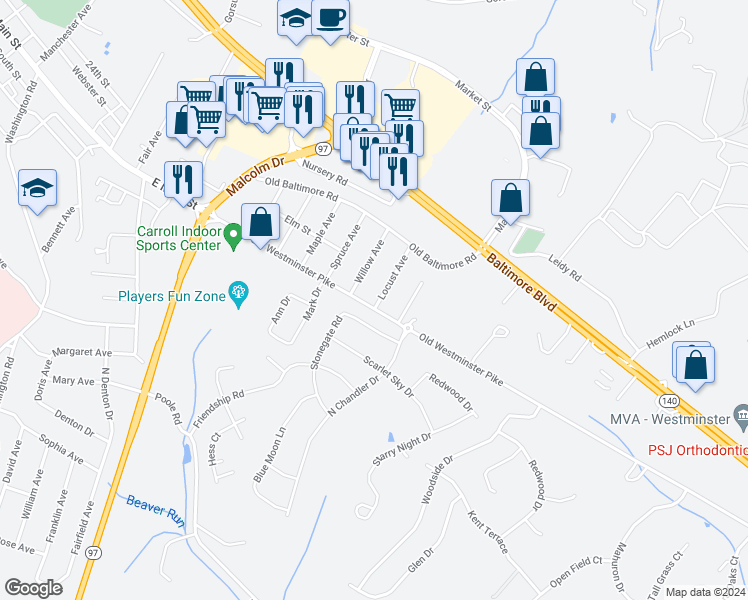 map of restaurants, bars, coffee shops, grocery stores, and more near 632 Old Westminster Pike in Westminster