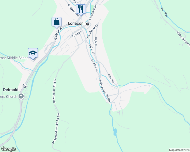 map of restaurants, bars, coffee shops, grocery stores, and more near 118 Jackson Street in Lonaconing