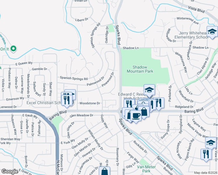 map of restaurants, bars, coffee shops, grocery stores, and more near 1062 Baywood Drive in Sparks