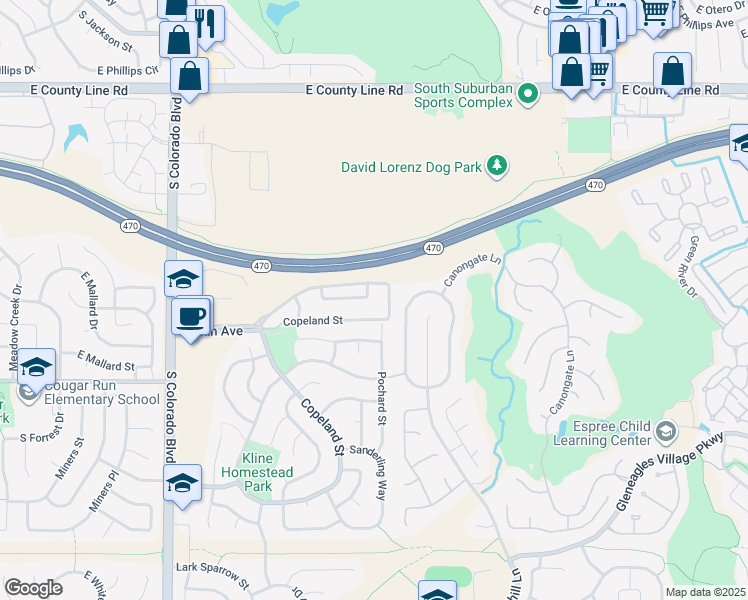 map of restaurants, bars, coffee shops, grocery stores, and more near 4644 Copeland Lane in Littleton