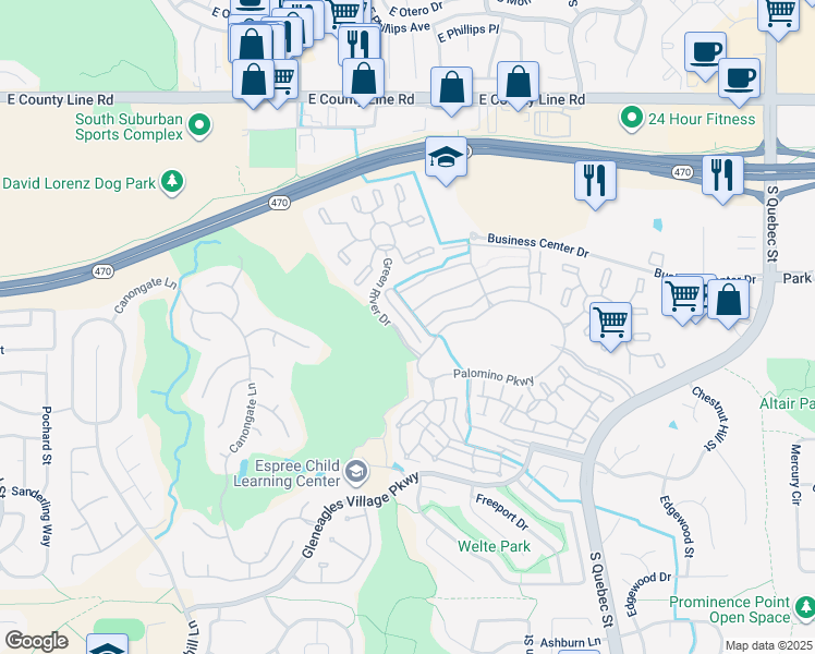map of restaurants, bars, coffee shops, grocery stores, and more near 8577 Gold Peak Drive in Littleton