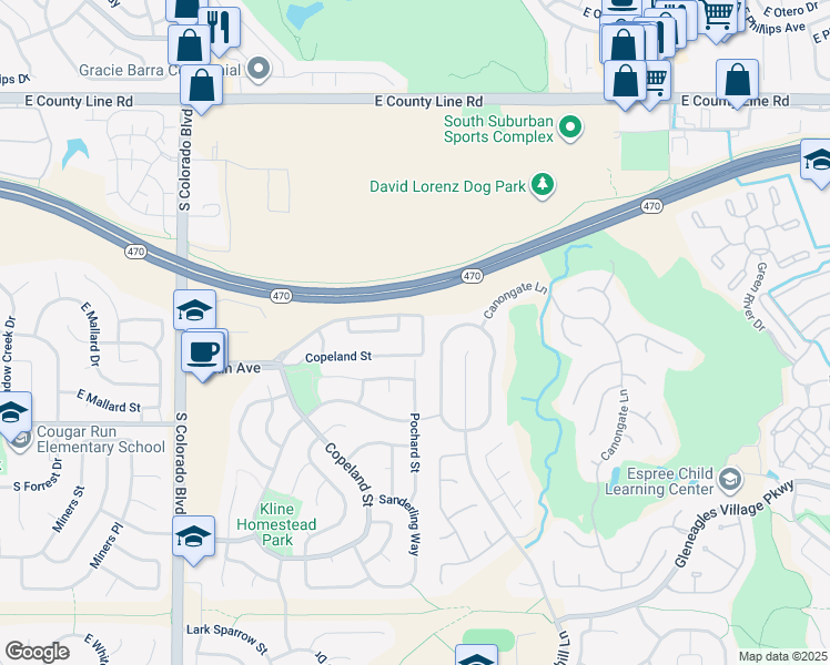 map of restaurants, bars, coffee shops, grocery stores, and more near 4450 Copeland Circle in Littleton
