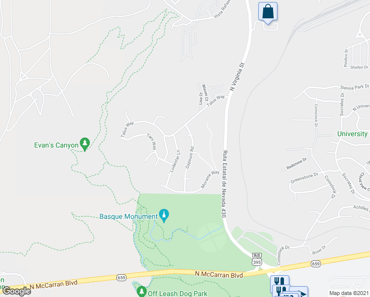 map of restaurants, bars, coffee shops, grocery stores, and more near 3550 Lodestar Lane in Reno