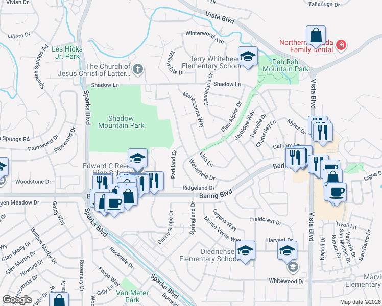 map of restaurants, bars, coffee shops, grocery stores, and more near 3012 Lida Lane in Sparks