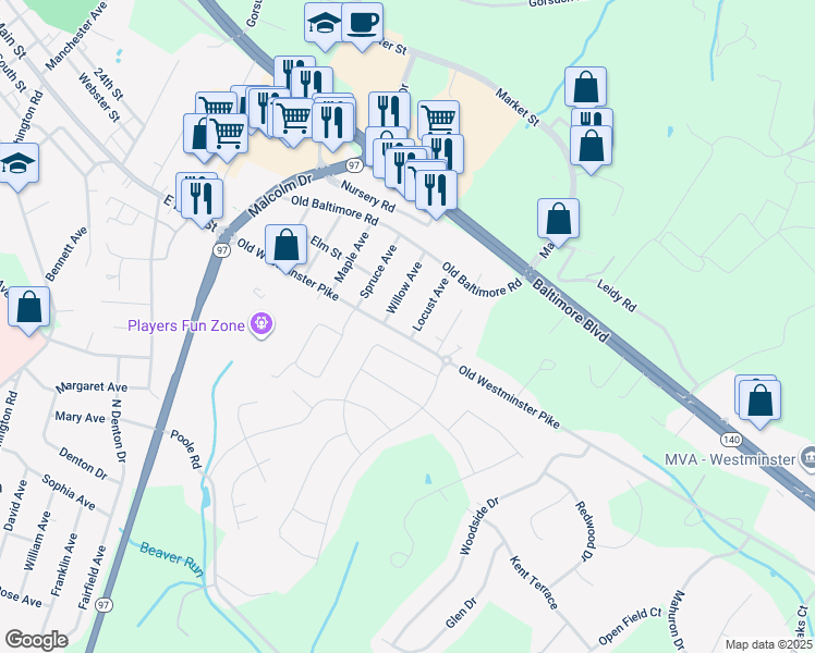 map of restaurants, bars, coffee shops, grocery stores, and more near 632 Old Westminster Pike in Westminster