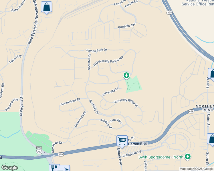 map of restaurants, bars, coffee shops, grocery stores, and more near 900 South University Park Loop in Reno