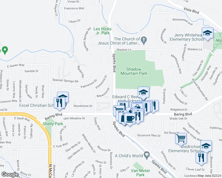 map of restaurants, bars, coffee shops, grocery stores, and more near 1051 Baywood Drive in Sparks