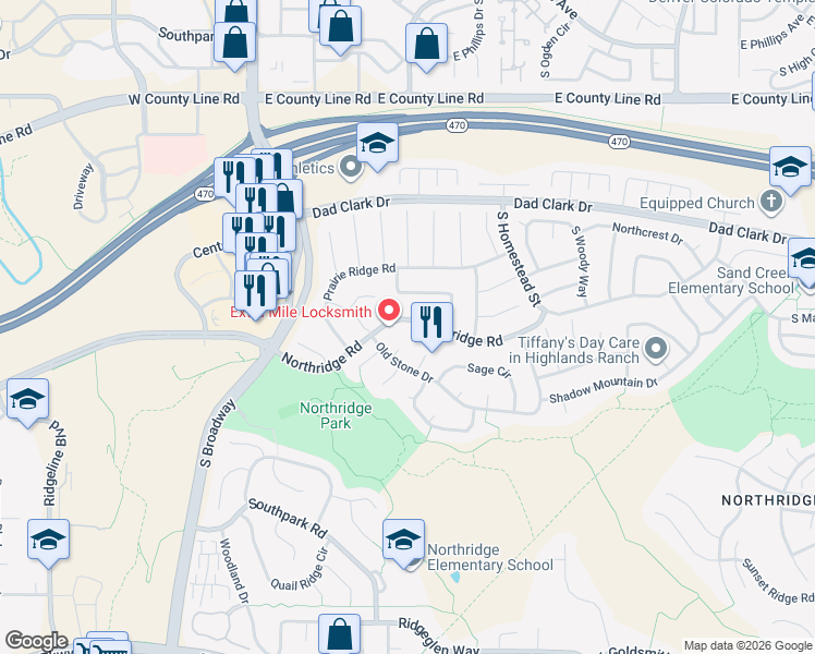 map of restaurants, bars, coffee shops, grocery stores, and more near 332 Northridge Road in Littleton