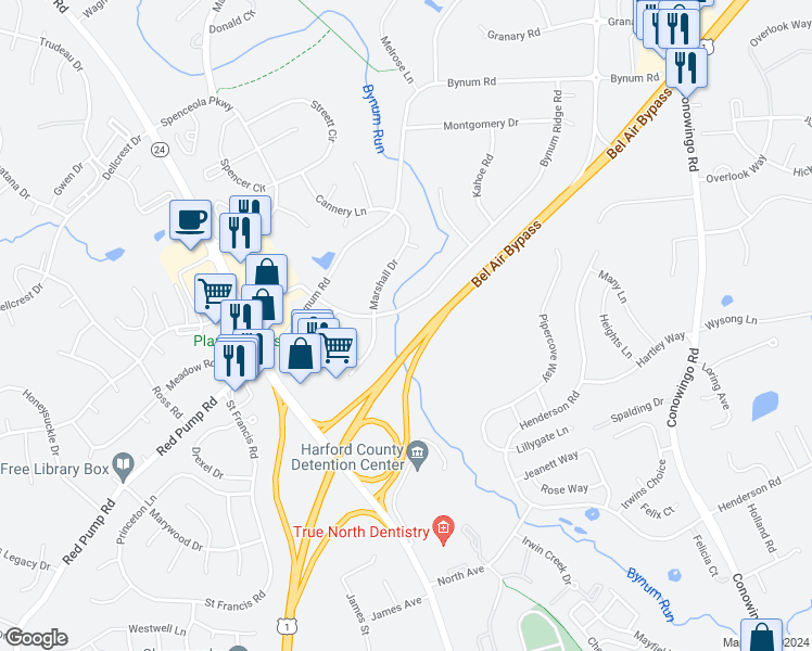 map of restaurants, bars, coffee shops, grocery stores, and more near 217 Bynum Ridge Road in Forest Hill