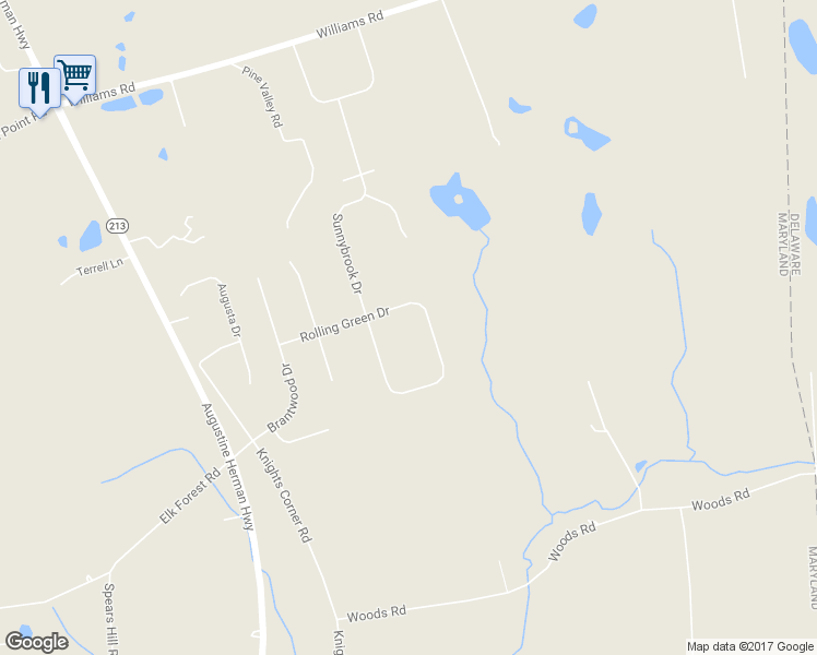 map of restaurants, bars, coffee shops, grocery stores, and more near 160 Woodcrest Drive in Elkton