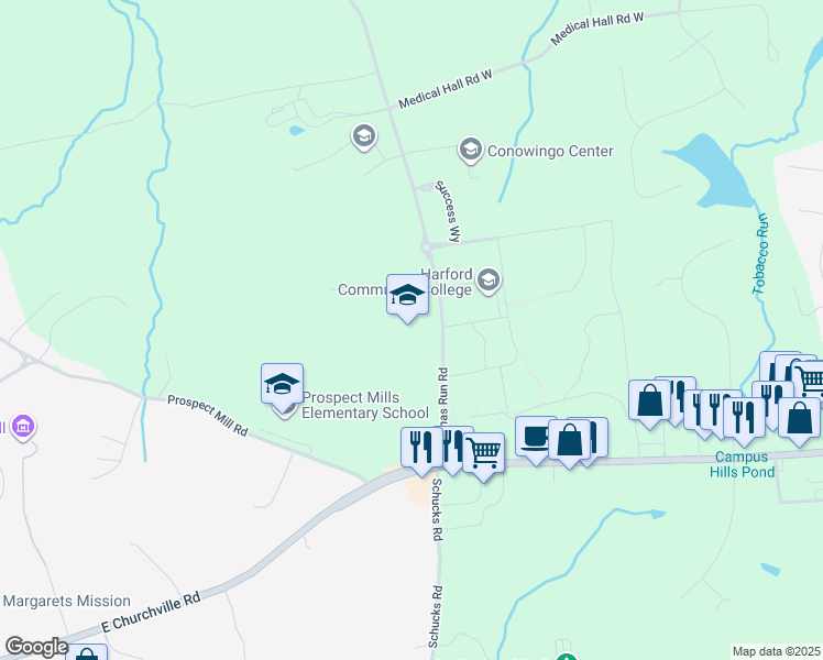 map of restaurants, bars, coffee shops, grocery stores, and more near 200 Thomas Run Road in Bel Air