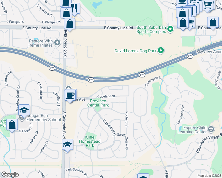 map of restaurants, bars, coffee shops, grocery stores, and more near 4432 Copeland Loop in Highlands Ranch