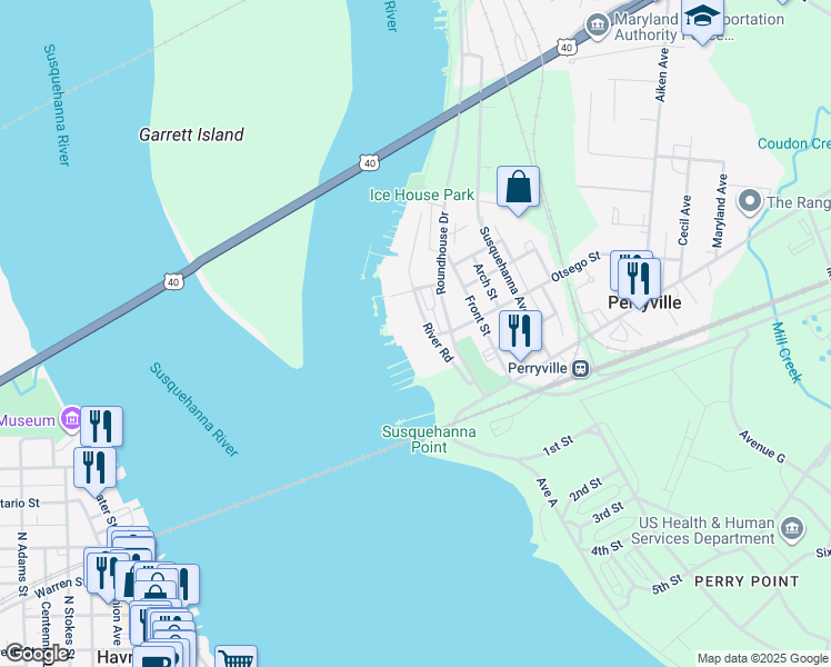 map of restaurants, bars, coffee shops, grocery stores, and more near 21 Owens Landing Court in Perryville