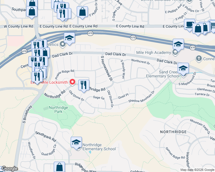 map of restaurants, bars, coffee shops, grocery stores, and more near 865 Northridge Road in Highlands Ranch