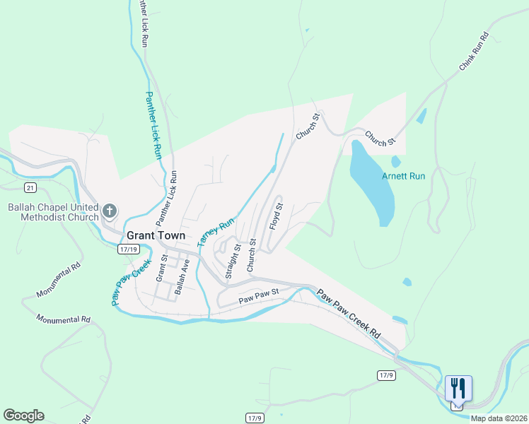 map of restaurants, bars, coffee shops, grocery stores, and more near 272 Church Street in Rivesville