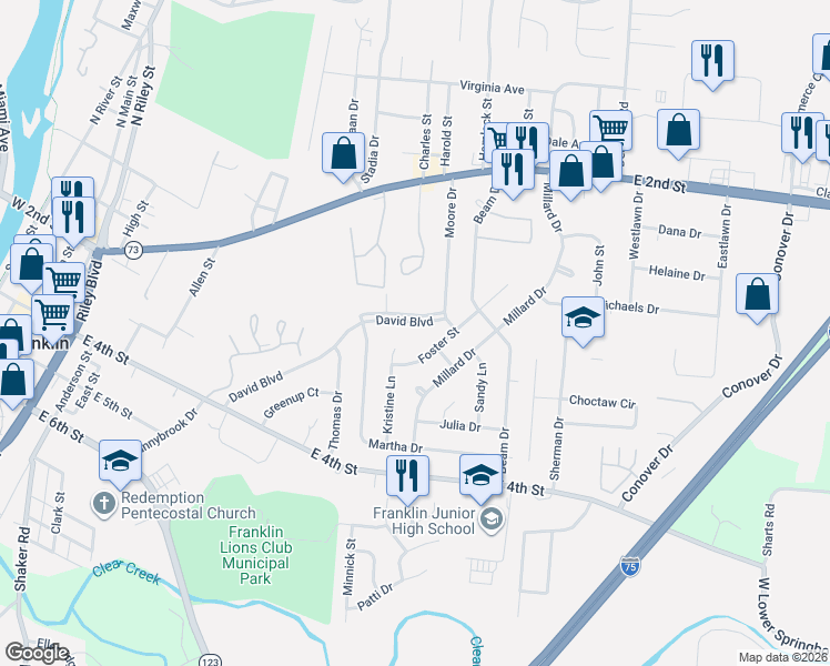 map of restaurants, bars, coffee shops, grocery stores, and more near 712 David Boulevard in Franklin