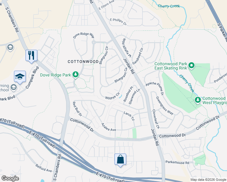 map of restaurants, bars, coffee shops, grocery stores, and more near 16275 Beauty Bush Place in Parker