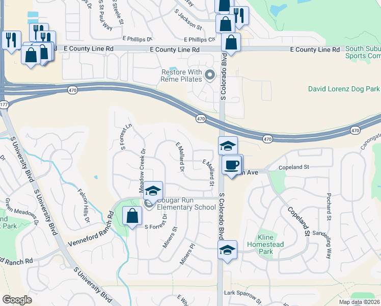 map of restaurants, bars, coffee shops, grocery stores, and more near 8661 South Mallard Place in Littleton