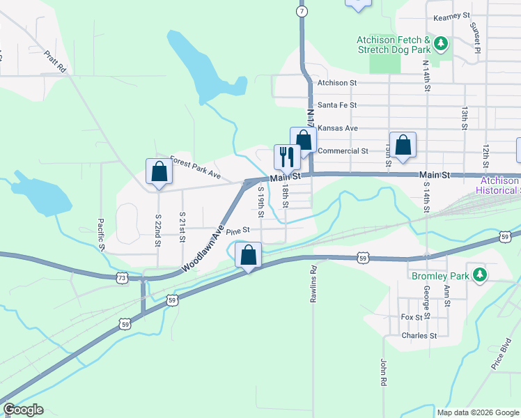 map of restaurants, bars, coffee shops, grocery stores, and more near 499 South 19th Street in Atchison