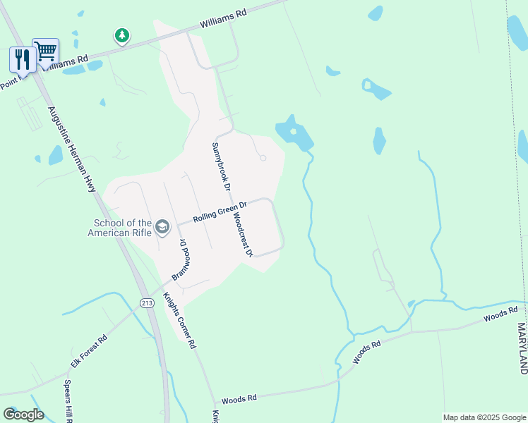 map of restaurants, bars, coffee shops, grocery stores, and more near 160 Woodcrest Drive in Elkton