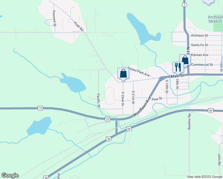 map of restaurants, bars, coffee shops, grocery stores, and more near 2212 Millwood Drive in Atchison