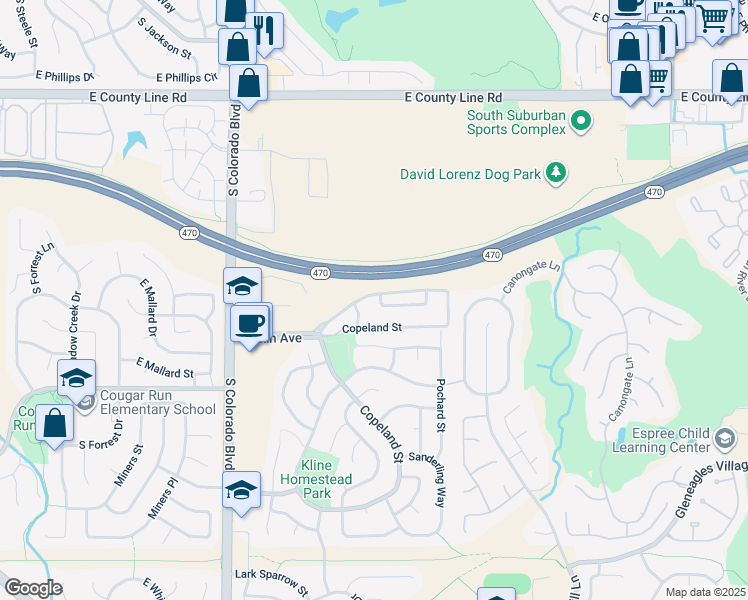 map of restaurants, bars, coffee shops, grocery stores, and more near 4465 Copeland Street in Littleton