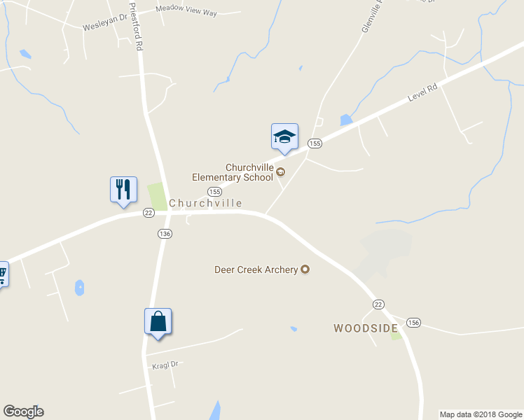 map of restaurants, bars, coffee shops, grocery stores, and more near 2932 Churchville Road in Churchville