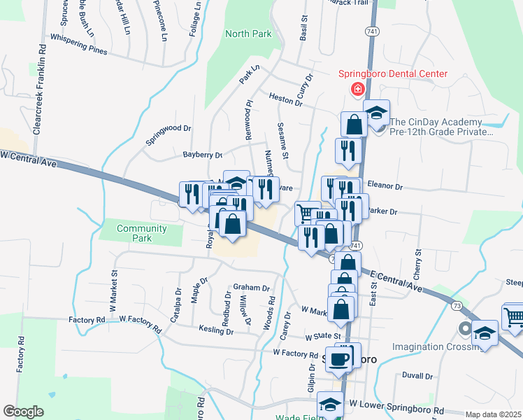 map of restaurants, bars, coffee shops, grocery stores, and more near 234 West Central Avenue in Springboro