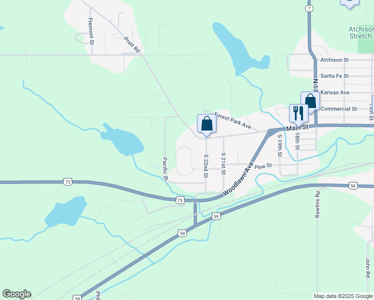 map of restaurants, bars, coffee shops, grocery stores, and more near 2212 Millwood Drive in Atchison