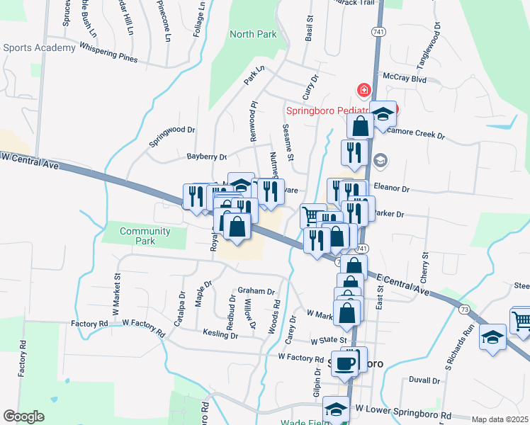 map of restaurants, bars, coffee shops, grocery stores, and more near 234 West Central Avenue in Springboro