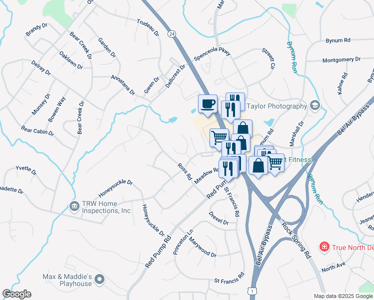 map of restaurants, bars, coffee shops, grocery stores, and more near 1630 Michelle Court in Forest Hill
