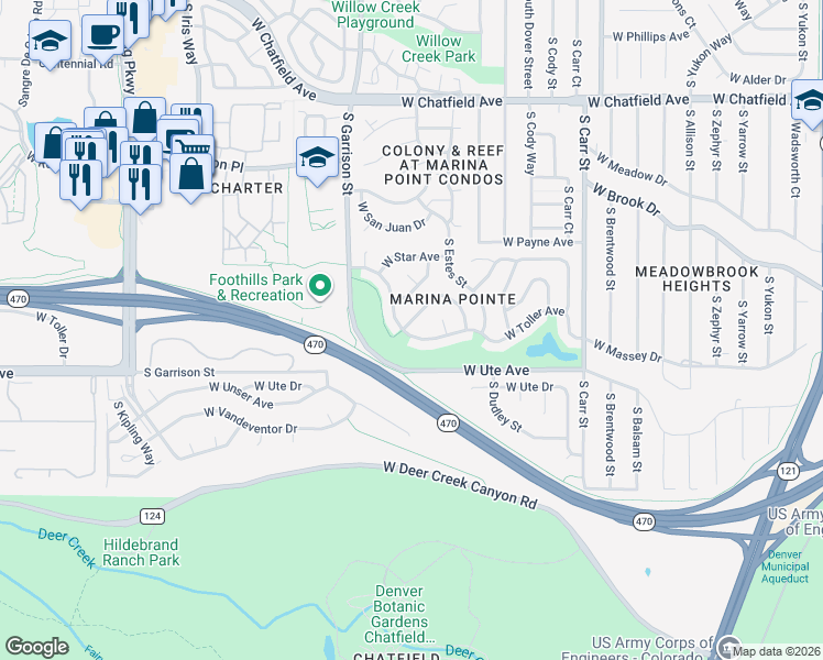 map of restaurants, bars, coffee shops, grocery stores, and more near 8996 West Teton Circle in Littleton