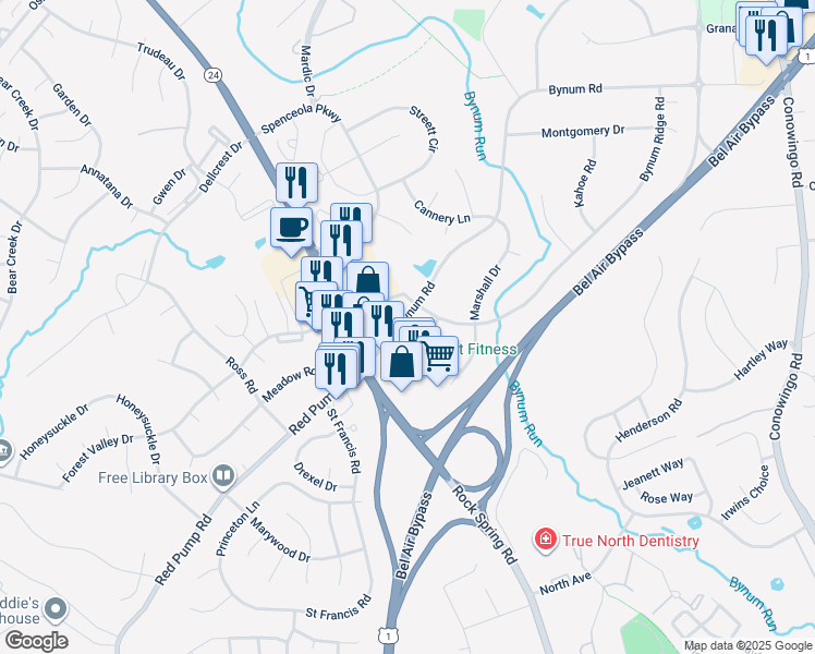 map of restaurants, bars, coffee shops, grocery stores, and more near 105 Bynum Road in Forest Hill