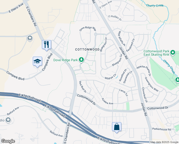 map of restaurants, bars, coffee shops, grocery stores, and more near 16055 Butterwort Circle in Parker