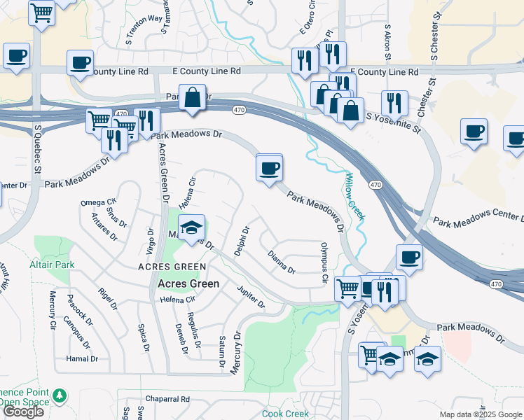 map of restaurants, bars, coffee shops, grocery stores, and more near 13572 Achilles Drive in Lone Tree
