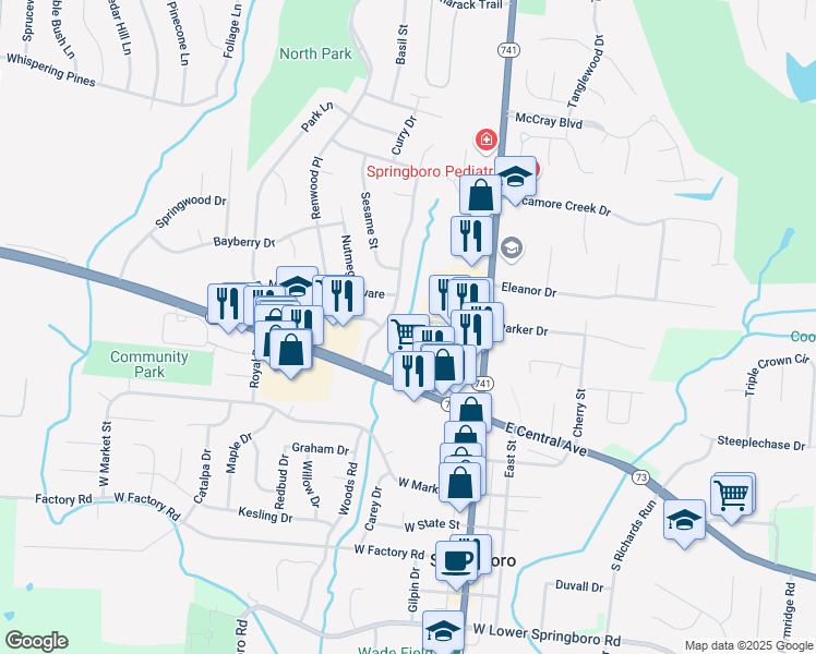 map of restaurants, bars, coffee shops, grocery stores, and more near 75 Edgebrooke Drive in Springboro