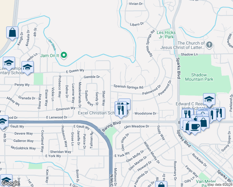 map of restaurants, bars, coffee shops, grocery stores, and more near 729 Palmwood Drive in Sparks