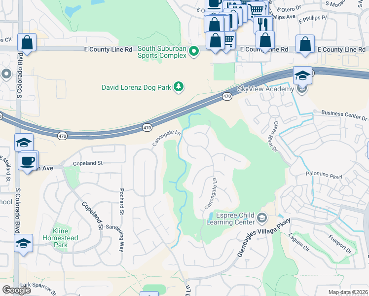 map of restaurants, bars, coffee shops, grocery stores, and more near 3 Tamerlain Court in Littleton