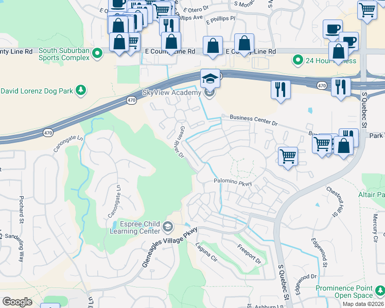 map of restaurants, bars, coffee shops, grocery stores, and more near 8577 Gold Peak Drive in Littleton