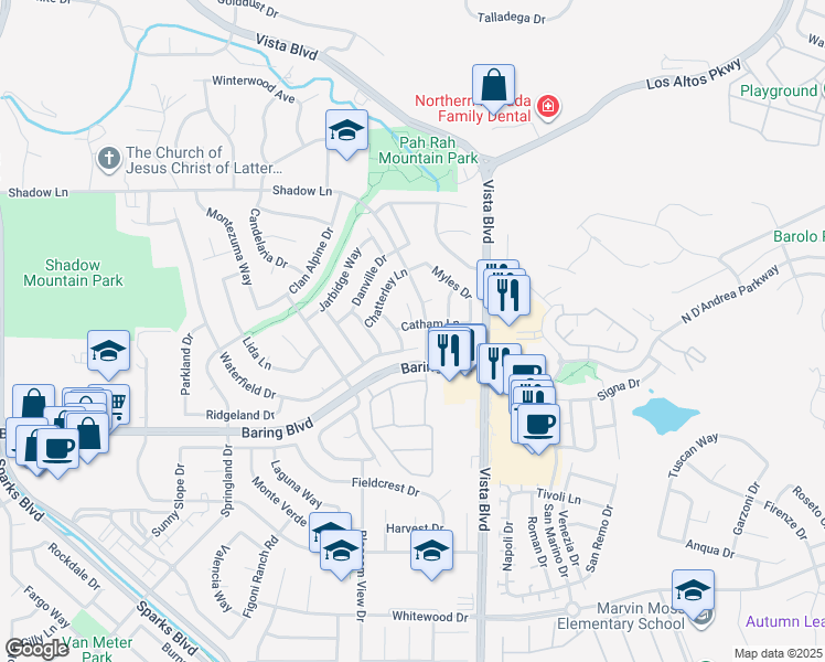 map of restaurants, bars, coffee shops, grocery stores, and more near 1704 Catham Lane in Sparks