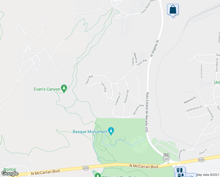 map of restaurants, bars, coffee shops, grocery stores, and more near 3545 Buckhorn Way in Reno